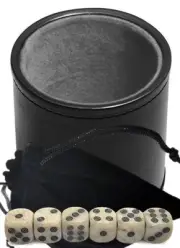 (6) 16mm Circle-in-Circle Design Dice + PU Leather Grey Felt Lined Dice Cup New