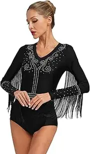 [Loodgao] Women's V Neck Long Sleeve Tassel Cha Cha Rumba Latin Dance Leotard Gymnastics Dancewear