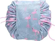 Large Capacity Lazy Makeup Bag - Waterproof Drawstring Toiletry Bag - Portable Cosmetic Storage Case for Travel - Ideal for Women and Girls (Grey Flamingo)