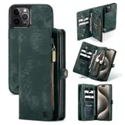 SupRShield For Apple iPhone 15 Pro Zipper & Detachable Retro Leather Pouch Wallet Flip Purse Bag Detachable Phone Case Cover (Green)
