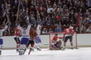 Montreal Canadiens Guy Lapointe victorious after scoring goal vs C- Old Photo