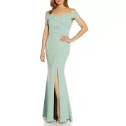 ADRIANNA PAPELL Off-the-shoulder Crepe Gown In Cloudy Aqua Size 2
