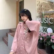 Long-Sleeve Plain Sheer Shirt Pink - One Size