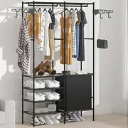 Clothes Rail Rack Closet Rails Heavy Duty Clothing Rail Wardrobe for Bedroom Free Standing Metal Hanging Garment Coat Rack Folding with canvas Shelving (Black-2)