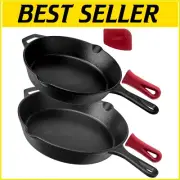 All-in-One Cast Iron Skillets - 10" and 12" Oven-Safe Pans with Silicone Holders