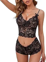[Generic] Women Sexy Lace Bra and Panty Set 2 Piece Strappy Babydoll Bodysuit Floral Lace Pajamas Lingerie Underwire