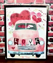 Pink Valentine Truck Farmhouse Sign Block Shelf Sitter Tiered Tray Tuck 3.5X4.5