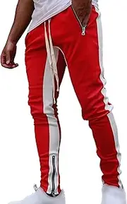 [Generic] Mens Stripe Track Pants Athletic Running Sport Pants Skinny Fit Ankle Zipper Pocket Gym Workout Tapered Sweatpants