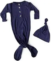 [Stroller Society] Newborn Knotted Baby Gown and Hat Set Navy Blue, Soft and Stretchy Sleep Gown 0-3 Months, Coming Home Outfit Boy, Navy Blue, 0-3 Months