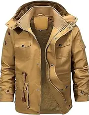 [Techlexa] 3XLMens Fleece Jackets Jackets Windbreaker Winter Cargo Jacket with Multi Pockets, Warm Windproof Coat with Removable Hood, Men's Thick Winter JacketsKhaki,