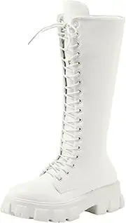 [Generic] Women's Lace Up Mid Calf Boots Low Heel Knee High Boots Fashion Chunky Block Heel Motorcycle Riding Side Zipper Boots