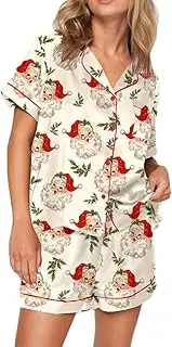 [Seyurigaoka] Christmas Pajamas Shorts Set for Women Santa Claus Pjs Button Up Shirt+Shorts 2 Piece Xmas Jammies Loungewear