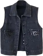 [Jegsnoe] Women's Denim Vest Jacket Spring Autumn Sleeveless Jean Coat Short Sequined Waistcoat