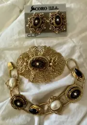 Vtg Unsigned Coro USA Gold Tone Faux Pearl Enamel Brooch Bracelet & Earrings Set