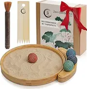 ENSO - Japanese Zen Garden Kit for Desk - Sand Garden Tools and Accessories Box Set for Office Desktop - 12” Large Round Bamboo Tray, 4 Stamp Spheres, Natural Sand, Rake - Mini Zen Decor Gifts