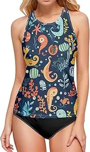 [ODAWA] Tankini Tops Colorful Reef Navy Backless Swimwear High Neck Swimsuits for Women