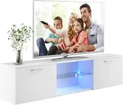 ADVWIN TV Unit Cabinet, 160cm Entertainment Unit, Wooden TV Stand Cabinet, Modern Media Console with LED Light for Living Room (White)