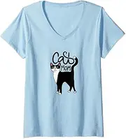 Womens Tuxedo Cat Mom Cute V-Neck T-Shirt