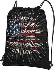 EdWal American Flag Firework Print Drawstring Backpack Gym Bags Sports Bags With Zipper Pocket For Travel Beach, Black, One Size