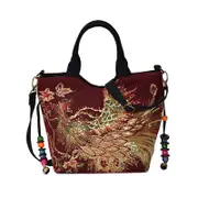 Nevenka Womens Canvas Embroidered Shoulder Handbags with Bling Sequins-WineRed