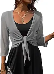 [PrinStory] Women's Tie Front Shrug 3/4 Sleeve Bolero Cardigan Lightweight Summer Casual Short Scarf Top, Gray, XXL