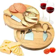 Round Cheese Board, Cheese Board with Lid, Charcuterie Boards Accessories, Wood Cutting Board Set for Cheese, Charcuterie, Meat, Fruit (Silver)