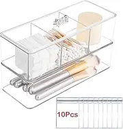 2 Layer Clear Qtip Holder Dispenser with Lid, YRYUNRUI Cotton Ball Swab Holder with 10Pcs Jewelry Storage Bag, Removable Acrylic Hair Accessories Organizer for Hair Tie Lipstick Cotton Pad Small Item