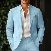 Men's Linen Blazer Sport Coat Formal Athleisure Classic Spring Summer Polyester Cotton And Linen Solid Color Comfy Single Breasted Blazer Light Blue