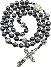 [Nazareth Store] Hematite Rosary Black Stone Beads Necklace Metal Beaded Miraculous Medal & Cross Rosary For Men and Womens NS, Large, Metal, Hematite