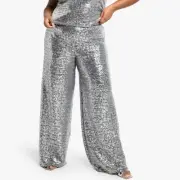 Silver Velvet Sequin Party Wide Leg Pants Size 16