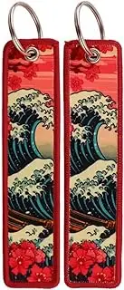 Pinstant Hokusai Waves Great Wave Off Kanagawa Japan Art Mount Fuji Rising Red Sun Sakura Pink Cherry Plum Flower Tree Blossom Japanese Keychain Key Tag Chain Fob Ring, Mixed