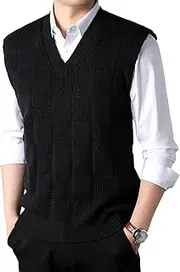 [JEShifangjiusu] Men's V Neck Sweater Vest Checkered Sleeveless Pullover Knitwear Business Casual Knitted Tank Top