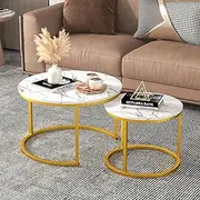 Advwin Coffee Table Set of 2, Round Nesting Table Marble Pattern Wooden Side Table Metal Frame End Table for Living Room White