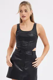 Black Faux Leather Corset Sleeveless Scoop Neck Stretch - Size 14, Women's Cami