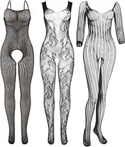 [Tisancy] 3 Pcs Women's Fishnet Lingerie Plus Size Mesh Bodysuit Lingerie for Women X Shape Nipple Covers
