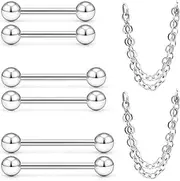 [Lcolyoli] Nipple Rings Surgical Steel Tongue Rings 16G 14G Straight Barbell Chain Nipple Piercing Jewelry 14mm/16mm/19mm