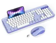 Wireless Keyboard and Mouse Combo, Retro Round Keycap Typewriter Light Purple
