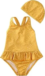 [DEFAHN] Toddler Swimsuit Girl One-Piece Swimwear Girl Ruffled Bathing Suits with Hat 9 Month-6Y