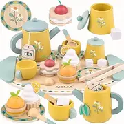 Usndhome Tea Sets for Toddlers 3-5 Girl Birthday Gift 2 Year Old Princess Party Wooden Play Food Toy Sets for Kids Kitchen Accessories Age 3-5 Wood Educational Toys