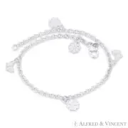 Flower, Butterfly & 3mm Rolo Chain Solid .925 Sterling Silver Italy Charm Anklet
