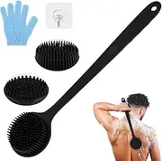LOPHE Silicone Body Scrubber for Shower, Double Sided Back Scrubber with Long Handle, Shower Bath Wash Brush for Women Men Shower Spa Exfoliating Massage (Black)