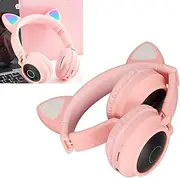 Cat Ear Headphones, Deep Bass Bluetooth Gaming Headset with LED Light and Soft Earmuffs, Foldable Cute Cat Headphones (Pink)