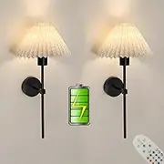 Battery Cordless Fabric Wall Sconces Set of 2 with Remote, Vintage Rechargeable Mushroom Wall Sconces with Fabric Lampshade Picture Wall Light Fixture for Bathroom, Bedroom (2 Pack, Black)