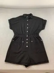 Chou Yatou 100% Cotton Romper Womens XL Black Snap Front Pockets Wide Leg Comfy