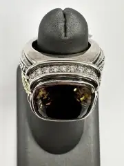 Scott Kay Silver Smokey Quartz & Diamond Ring Size 7 Yellow And White Diamonds.