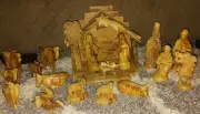 Vintage 20 Pc. Signed Hand Carved Olive Wood Nativity Set Holy Land Bethlehem