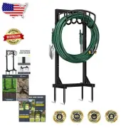 Heavy Duty Metal Garden Hose Holder Stand & Tool Hooks - Freestanding Organizer