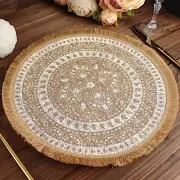 4 Natural 15 in Round Woven Burlap Jute PLACEMATS White Print Fringe Trim Party
