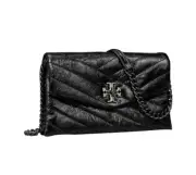 AUTH NWT $448 Tory Burch Kira Chevron Metallic Leather Logo Chain On Wallet/BLK