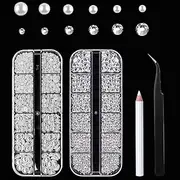 HUETFAT 2box Rhinestones Half Pearls Beads Rhinestone gems Makeup Eye Jewels Tooth Diamonds-Flat Back White Nail Pearls Stones Crystals Charms-Crafting Shoes Cloth with Wax Pen Tweezers